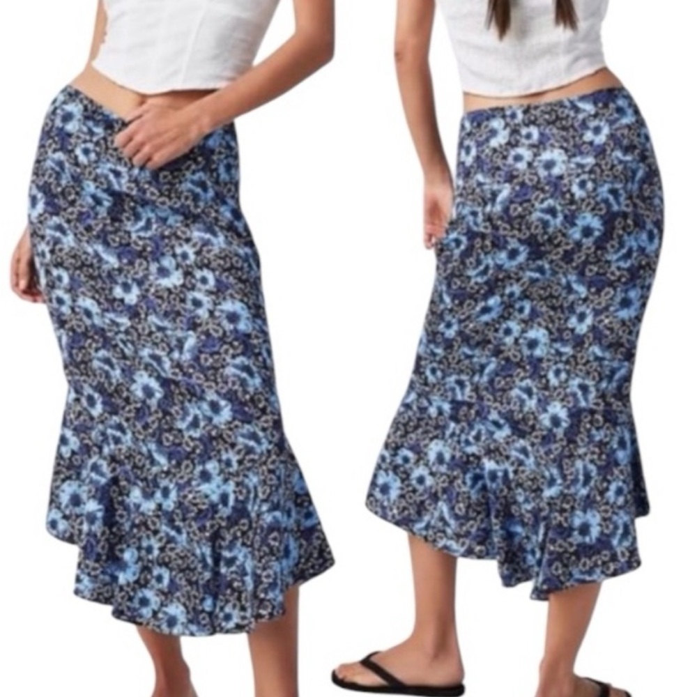 Floral Ruffle Hem Midi Skirt - Blue